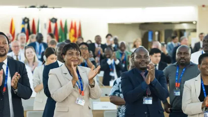 Delegates standing and applauding the end of the 113th International Labour Conference